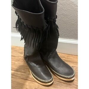 Rinaldi Italy Black Leather Fringe Boots Size 40 US 10 Moccasin Western Boho